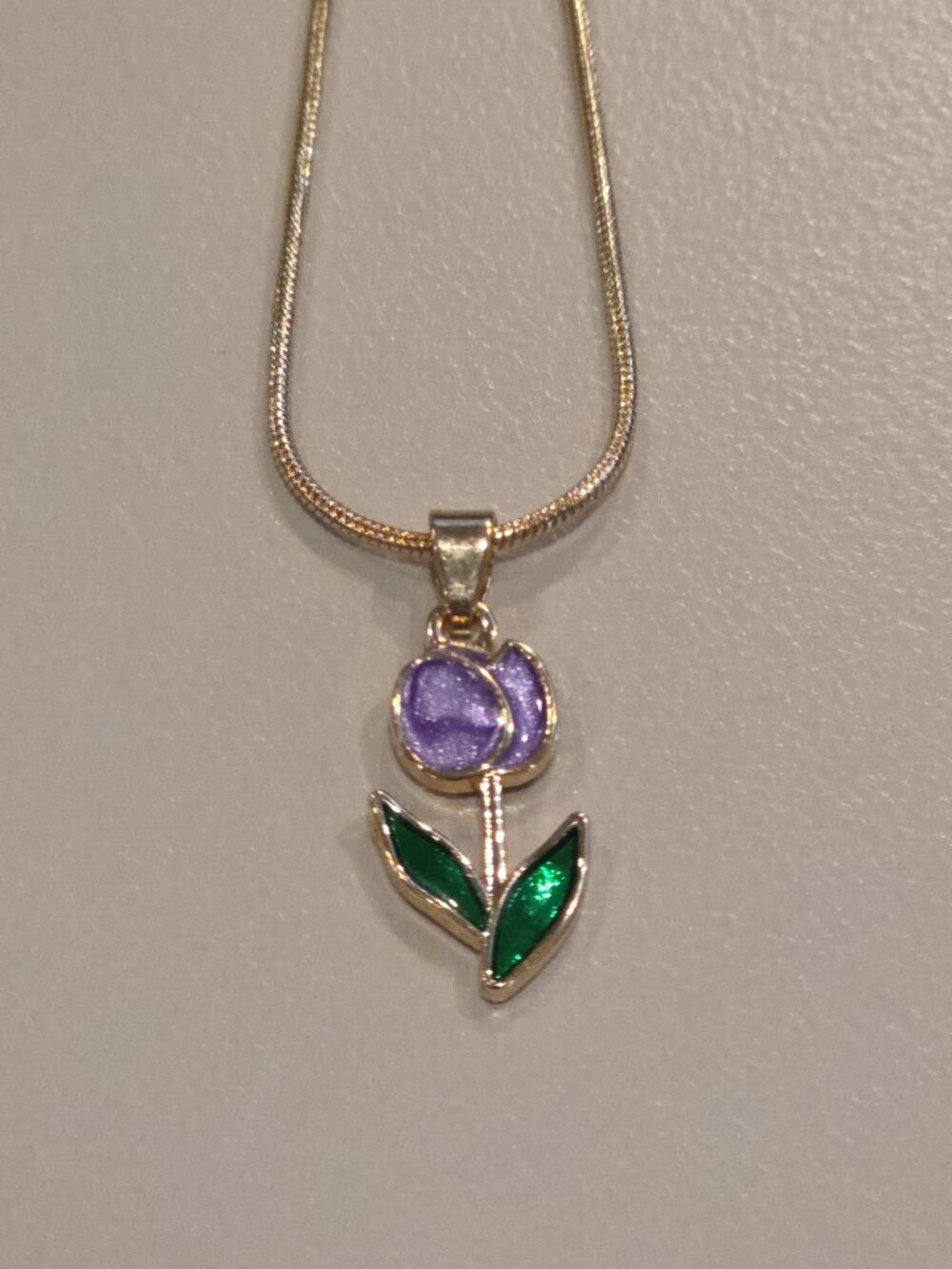 Purple Tulip Pendant Necklace Fashion Jewelry, Gold Tone
